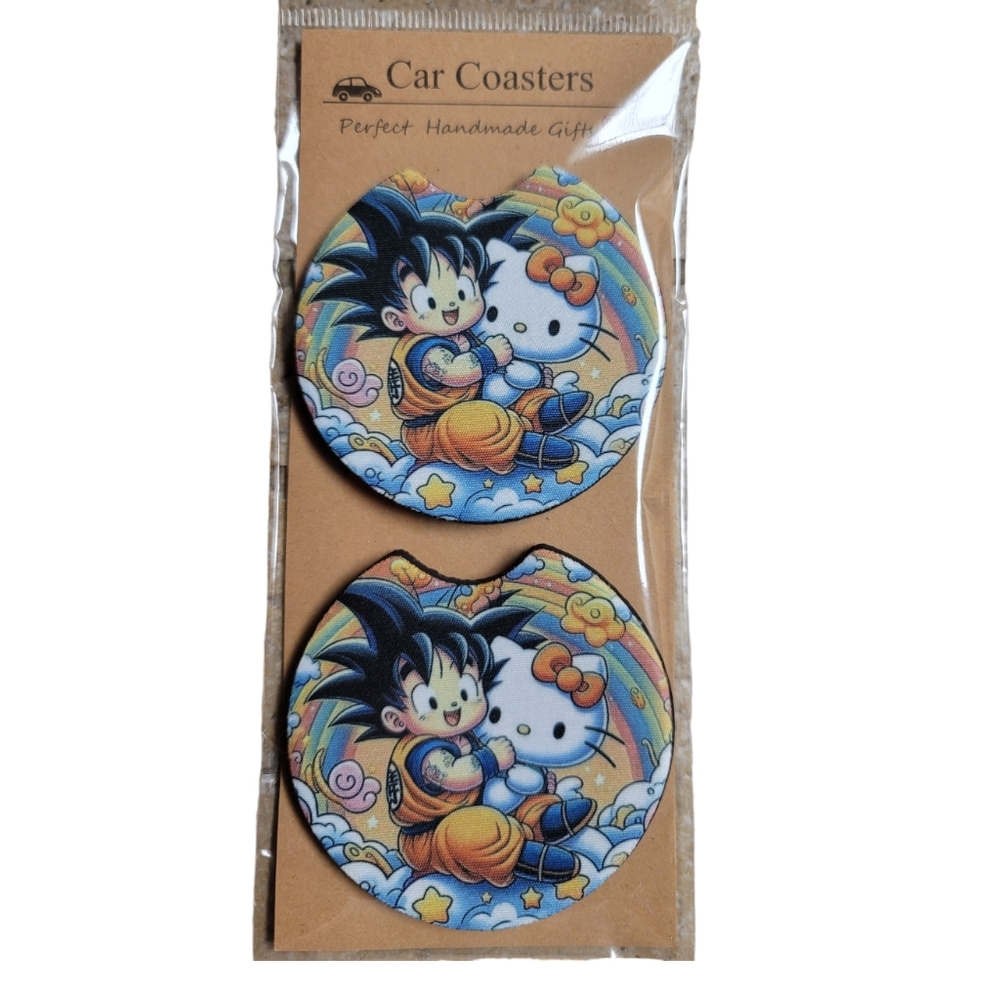 Kitty Cat and Boy Handmade Reuseable Neoprene Set of 2 Car Coasters